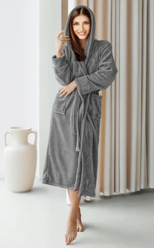 Miniatura 5 de NY Threads - Bata de baño de vellón con capucha para mujer, larga y afelpada
