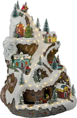 Miniatura 9 de Alpine Corporation Juego animado de invierno de 18 pulgadas de alto con 75 luces LED, música, tren móvil, decoración navideña de mesa Pueblo