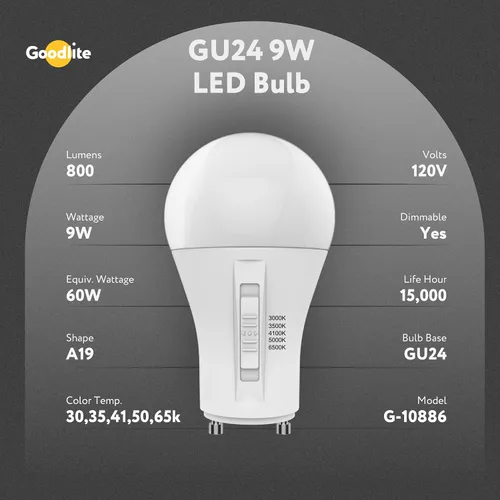 Miniatura 3 de Goodlite Bombilla LED A19 base GU24, 5 colores seleccionables 3000K-3500K-4100K-5000K-6500K, 800 lúmenes, 9 vatios (equivalente a 60 W), alto CRI
