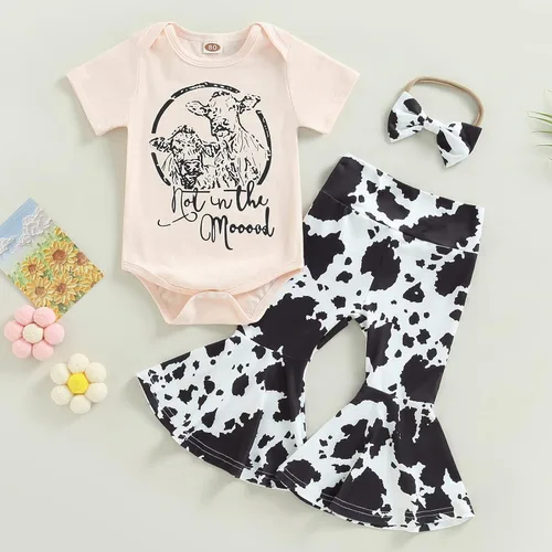 Miniatura 23 de fhutpw Conjunto de camiseta de manga corta con estampado de vaca y pantalones acampanados de dibujos animados para niñas