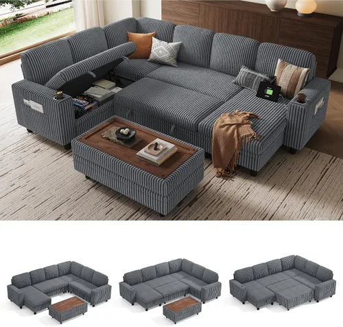 Miniatura 15 de LINSY HOME - Sofá cama extraíble modular con sección para dormir, con almacenamiento, sofá seccional de pana mullida para sala de estar, sofá cama