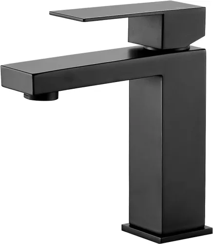 VOTON Grifo de baño negro mate 1 agujero, grifo de tocador de acero inoxidable para fregadero de baño con placa de cubierta mangueras de suministro