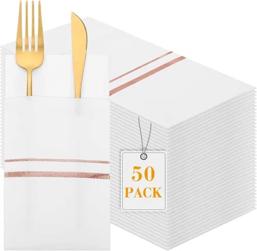 Miniatura 11 de Roshtia Paquete de 100 Servilletas de Cena Desechables con Sensación de Lino, Borde Dorado, Predobladas, con Bolsillo para Cubiertos Incorporado
