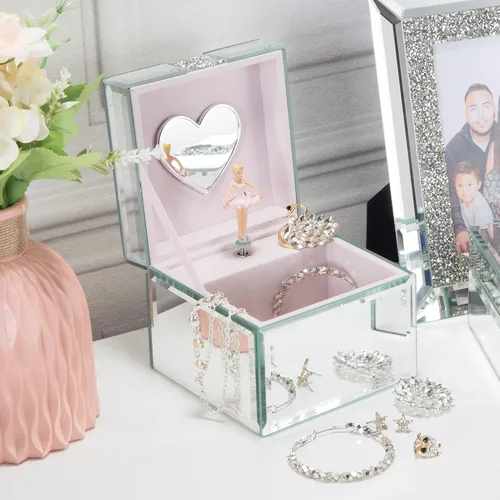 Miniatura 2 de Caja de joyería musical con espejo de diamante de plata Caja de joyería de bailarina para niñas Caja de cristal pequeña Joyero de cristal