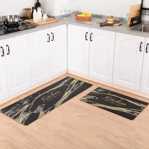 Miniatura 2 de Carvapet 2 tapetes cómodos antifatiga para cocina, de pie, impermeables, decorativas, ergonómicas, para cocina, diseño de mármol negro y dorado, 17