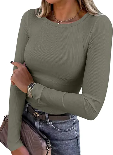 Miniatura 18 de ANRABESS - Camisetas de manga larga para mujer, de punto acanalado, ajustadas, básicas, 2025, informales, para usar a capas o debajo del uniforme