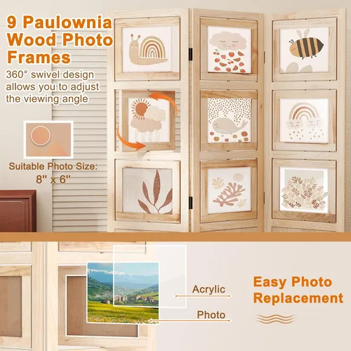Miniatura 5 de Giantex Divisor de habitación de 3 paneles con 9 marcos de fotos giratorios, pantalla de privacidad plegable de 67 pulgadas para visualización