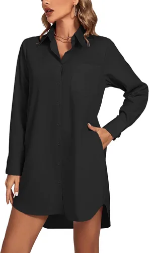 Miniatura 25 de LYANER Vestido camisero para mujer con cuello en V, botones, manga larga y dobladillo curvado