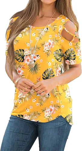 NILOUFO - Blusas casuales de verano para mujer, manga corta, hombros descubiertos, tipo túnica