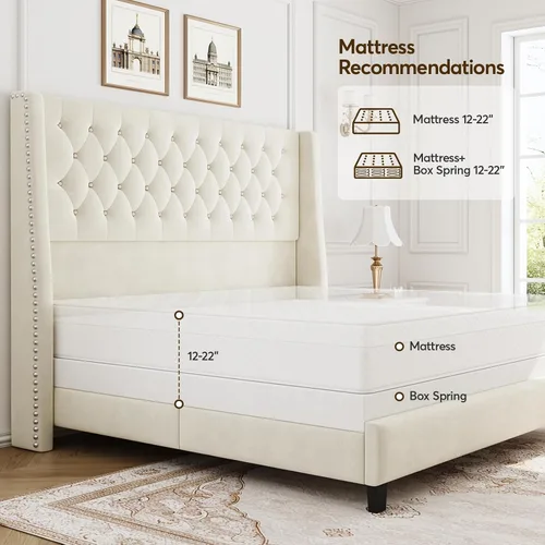 Miniatura 4 de Base de cama tamaño Queen con cabecera de 140 cm de altura, somier tapizado, tela suave, cabecera acolchada con botones y respaldo, cama con Beige
