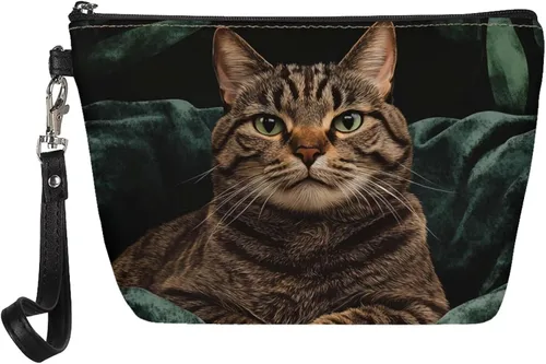 Miniatura 37 de Howilath Abstract Art Cat Cosmetic Pouch for Women PU Leather Toiletry Storage Bag Trapezoid Makeup Bags with Wrist Strap