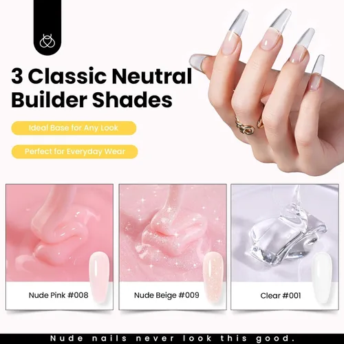 Miniatura 4 de Beetles - Kit de gel duro para uñas, 3 colores 9 en 1, extensión de uñas de gel esculpido con purpurina color nude transparente de alta dureza
