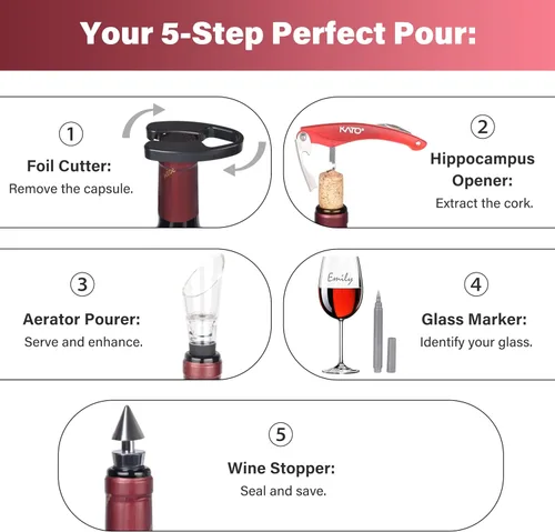 Miniatura 5 de Kato - Juego de regalo para abridor de botellas de vino, 5 piezas de sacacorchos de vino, accesorios para ganadores de juegos y adultos, grandes