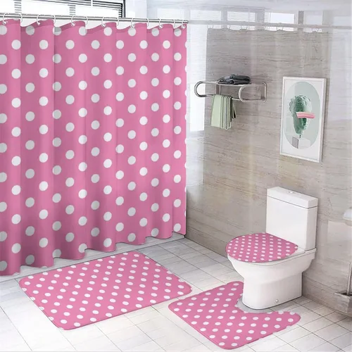 Miniatura 25 de Juego de 3 alfombras de baño con diseño de lunares, color azul aguamarina, antideslizante, con contorno en forma de U y tapa de inodoro