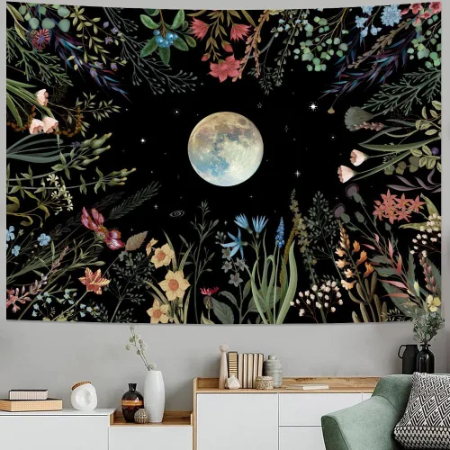 Miniatura 3 de Amhokhui Tapiz de jardín iluminado por la luna, tapiz bohemio de luna, tapiz floral de flores, tapices de plantas coloridas, tapices negros