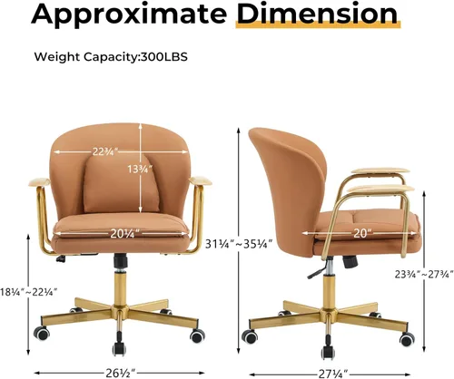 Miniatura 2 de Furniliving Sillas de oficina de cuero, silla de oficina dorada, silla giratoria ajustable para computadora con patas doradas y reposabrazos Marrón