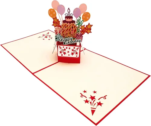 Miniatura 3 de iGifts And Cards Tarjeta desplegable 3D de 20 cumpleaños – Caja de fiesta roja de moda sorpresa con globos, regalos y vibraciones de celebración