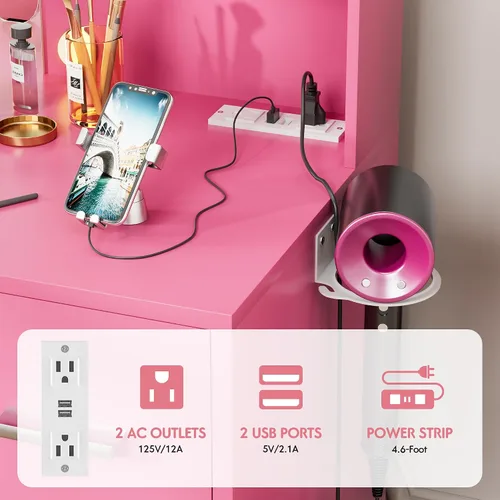 Miniatura 5 de VICTONE Escritorio de tocador con espejo iluminado LED y toma de corriente, 3 modelos de luces, mesa de tocador de maquillaje con 7 cajones y 6