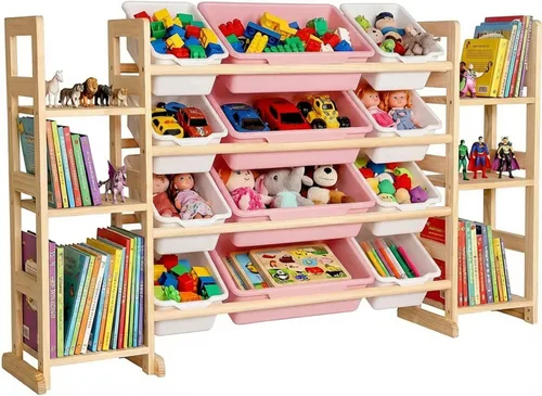 Miniatura 8 de Amdermi Organizador de almacenamiento de juguetes para niños, 51 pulgadas de ancho, estantería blanca con 6 estantes con 12 contenedores, unidad