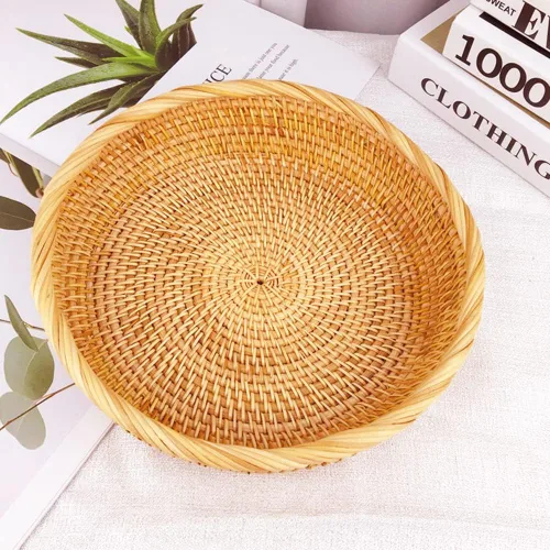 Miniatura 5 de I-lan Cesta de pan de ratán de 9 pulgadas con pared de 2 pulgadas, bandeja plana de mimbre con borde enrollado, cuenco redondo decorativo para todos