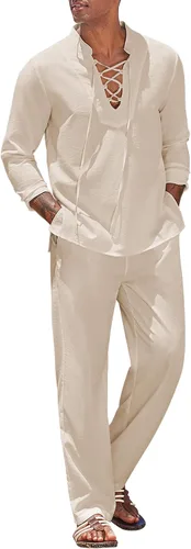 COOFANDY Conjunto de 2 piezas de lino para hombre, camisas Henley de manga larga, pantalones casuales de playa con bolsillos, trajes de yoga de