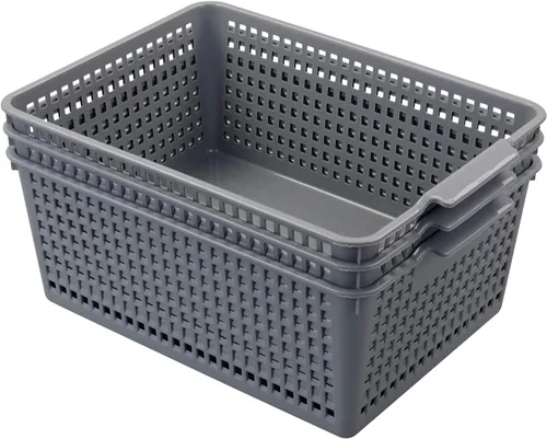 Paquete de 3 cestas de almacenamiento de plástico, contenedor de almacenamiento grande gris