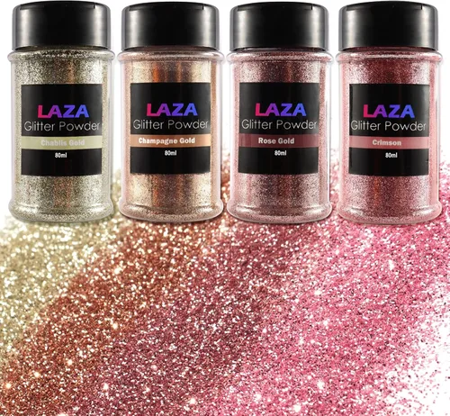 Laza Primavera - Polvo de Purpurina Ultra Fino, 4 Colores 320ml Purpurina para Manualidades, Lentejuelas, Oro Rosa PET Purpurina Extra Fina para Oro