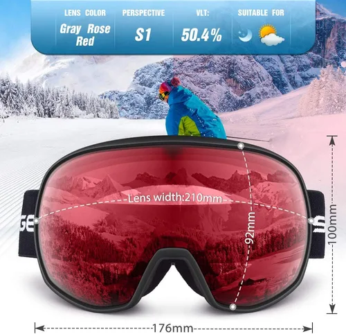 Miniatura 4 de Gafas de esquí para hombres y mujeres con protección UV, lente doble antivaho 09 B-rosa rojo