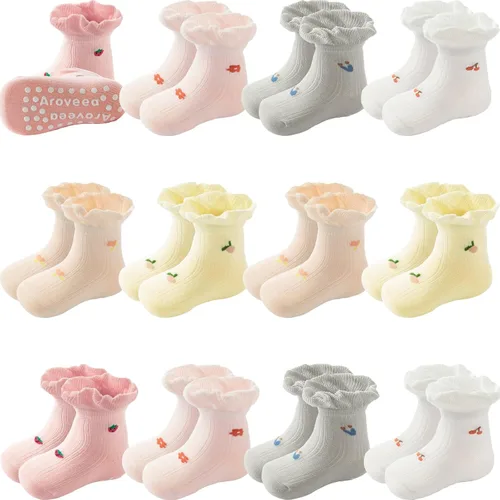 Miniatura 8 de Calcetines antideslizantes con agarre para tobillos, paquete de 12 unidades para niños pequeños, niños y niñas, lindos calcetines de algodón