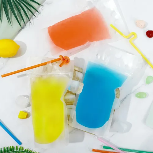 Miniatura 4 de Ozera Bolsas para bebidas, 100 bolsas reutilizables de 16 onzas para adultos, bolsas resistentes para adultos con embudo de pajita, bolsas de jugo