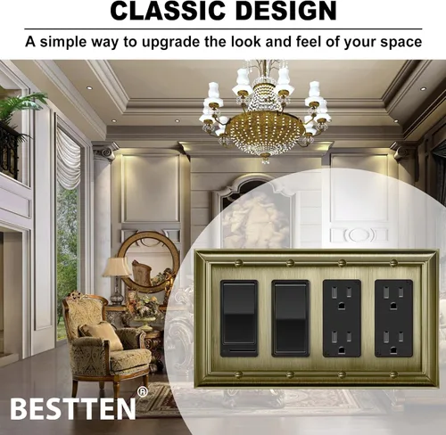 Miniatura 3 de BESTTEN Grand Collection - Placa de pared decorativa de latón envejecido de aleación de zinc de 4 cuadras, cubierta de enchufe de latón antiguo