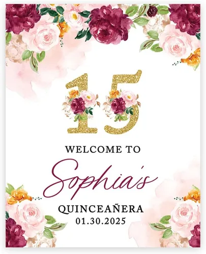 Miniatura 13 de Andaz Press Letrero de bienvenida de quinceañera grande personalizado, Art Deco Bienvenidos de 16 x 20 pulgadas, lienzo premontado para fotos