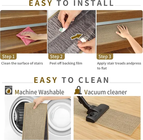 Miniatura 5 de SMILOOL Peldaños Antideslizantes para Escalones de Madera Interior Paquete de 4, 8" X 30", Alfombra para Escaleras de Madera, Alfombras