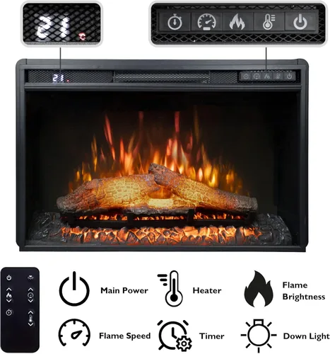 Miniatura 3 de Inserto de chimenea eléctrica de 26 pulgadas de ancho, 6 niveles de brillo, 5 velocidades de llama, 62-82 ℉, temporizador y control remoto, chimenea