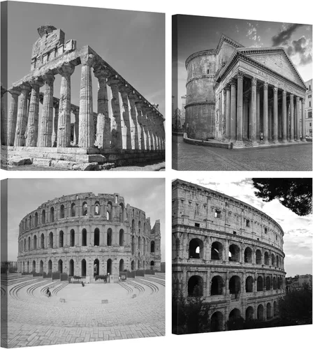 Miniatura 12 de NAN Wind Moderno lienzo de 4 paneles de arquitecturas en blanco y negro de giclée, pinturas de paisajes en lienzo de edificios de Roma, pinturas