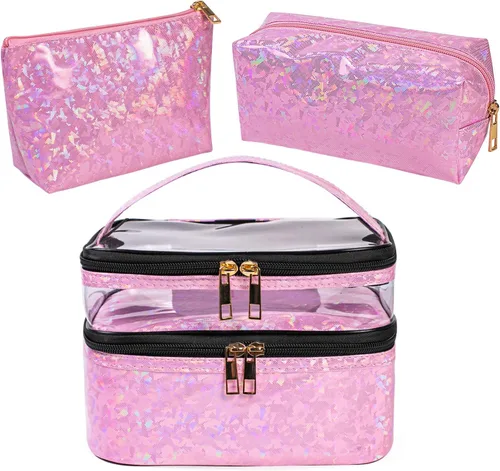 Miniatura 17 de FITINI 3 piezas de bolsas de maquillaje de doble capa, organizador de grandes estuches de cosméticos de viaje, bolsas de aseo impermeables, pequeña
