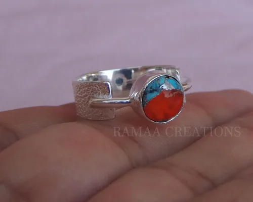 Miniatura 5 de Spiny Oyster Copper Turquoise Ring Handmade Round Turquoise Silver Ring Statement Handmade Jewelry Sterling Silver 925