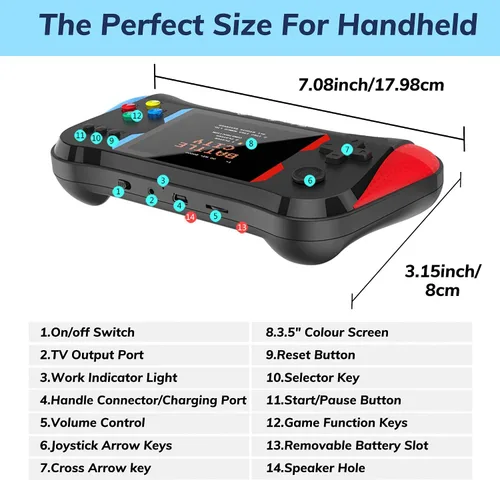 Miniatura 8 de Juego de mano para niños, 500 videojuegos retro precargados, reproductor de videojuegos de TV portátil, batería recargable de 3.5 pulgadas, pantalla