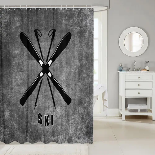 Miniatura 2 de Cortina de ducha de esquí negro con teñido anudado gris para niños, niñas, adultos, decoración de habitación de esquí, deportes, juegos, cortina