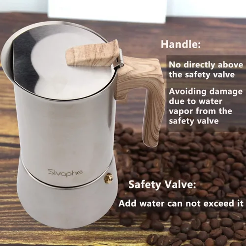Miniatura 3 de Sivaphe Cafetera de 4 tazas de Acero Inoxidable para Estufa Soporte de Inducción Olla Moka Italiana de 10 oz Cafetera Cubana Duradera 200ml