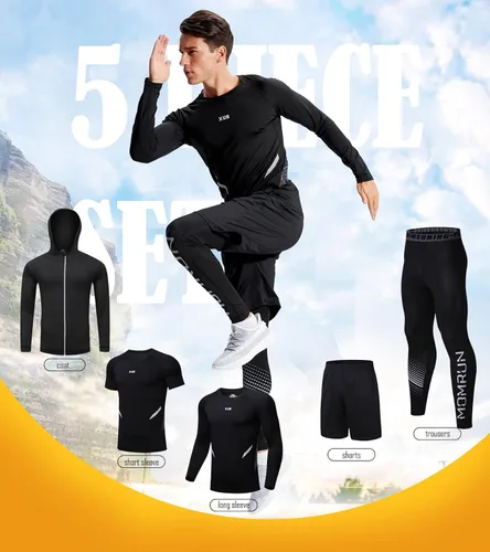 Miniatura 6 de BOOMCOOL Conjuntos de entrenamiento de 5 piezas que incluyen camisa de compresión, pantalones y chaqueta con capucha para hombres, deportes al aire