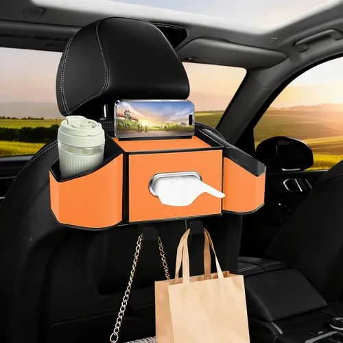 Miniatura 10 de Organizador de respaldo de asiento de automóvil 7 en 1 con portavasos, caja de pañuelos, cubo de basura y ganchos, organizador de almacenamiento