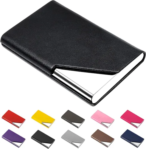 Padike Tarjetero, Estuche Tarjetero de Cuero Mejorado de Bolsillo para Hombres o Mujeres, Soporte Delgado de Metal para Tarjetas de Nombre con Negro