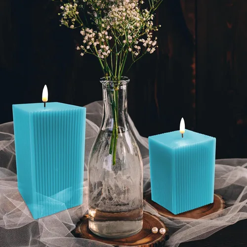 Miniatura 7 de Velas sin llama azul turquesa con control remoto, velas LED cuadradas acanaladas que funcionan con pilas, juego de 2 velas de cera real parpadeante