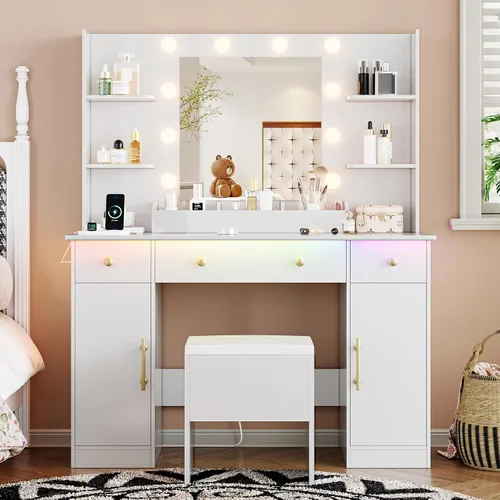 Xixini - Escritorio de tocador con espejo y luces, juego de mesa de maquillaje de 109 cm de ancho en color blanco con 5 cajones y silla, toma de