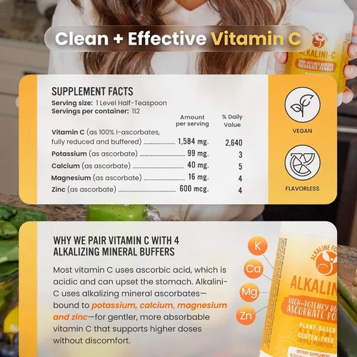 Miniatura 3 de Polvo de vitamina C alcalini-C, potente polvo de vitamina C de L-ascorbato natural, sin maíz sin OMG, vitamina C tamponada para una mayor absorción