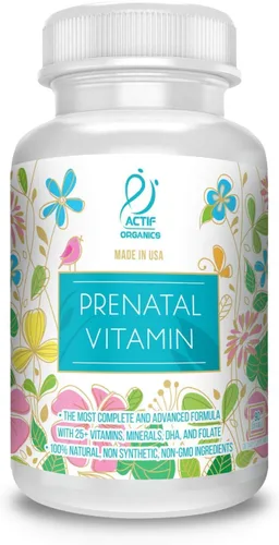 ACTIF Vitamina prenatal orgánica con más de 25 vitaminas orgánicas, 100% natural, DHA, EPA, Omega 3 y mezcla de hierbas orgánicas, sin OMG, 90
