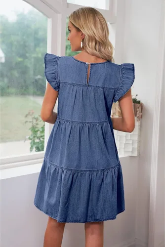 Miniatura 7 de luvamia Vestido de mezclilla 2025 para mujer, estilo babydoll de verano, sin mangas, manga con volantes, vestido plisado suelto con vuelo