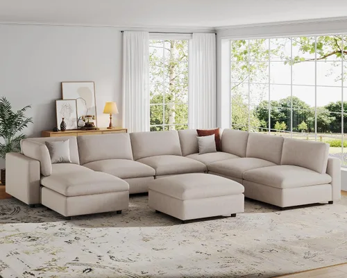 Miniatura 11 de VANOMi Sofá modular, cómodo sofá con marco de madera maciza de 3 asientos, sofá moderno certificado FSC para sala de estar, beige