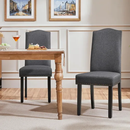Miniatura 2 de Yaheetech Juego de 2 sillas de comedor tapizadas de tela moderna con patas de madera maciza y adornos de cabeza de clavo para cocina, sala de estar
